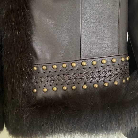 Lafayette 148 New York Brown Leather Jacket with Cropped Fit Fur Trim 100% Fox - Picture 3 of 13